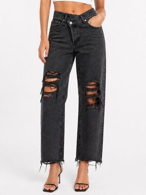Glassons Black High-Rise Distressed Straight Leg Jeans size 8